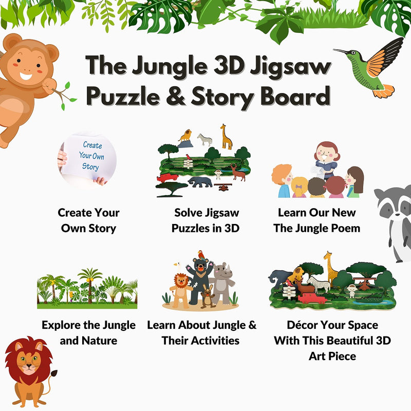 The Funny Mind 22 Pieces 3D Jungle Theme Wooden Board Game, Puzzles and Story Making Creative Educational Toy Learning Kit for Toddlers and Kids