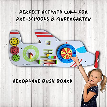 The Funny Mind 7+ Activities Aeroplane Busy Board | Wooden Toy for Kids, Baby, and Toddlers | Montessori Educational Activity Wall Panel | Sensory Toys for Kids-Colorful, Durable, Safe and Certified