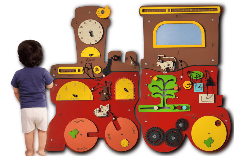 Giant Talking Train Busy Board Activity Wall Panel For Kids | Home Learning Montessori Sensory Wall Activity Center For Décor, Play, Learn, and Write | 25+ Activity Wall Mounted Toy Set
