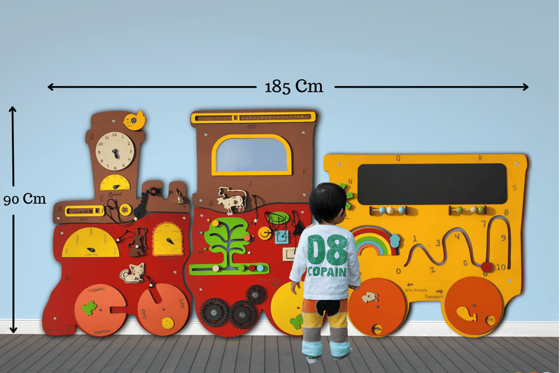 The Funny Mind Giant Talking Train with 1 Coach Wooden Busy Board Activities Wall Panel for Kids