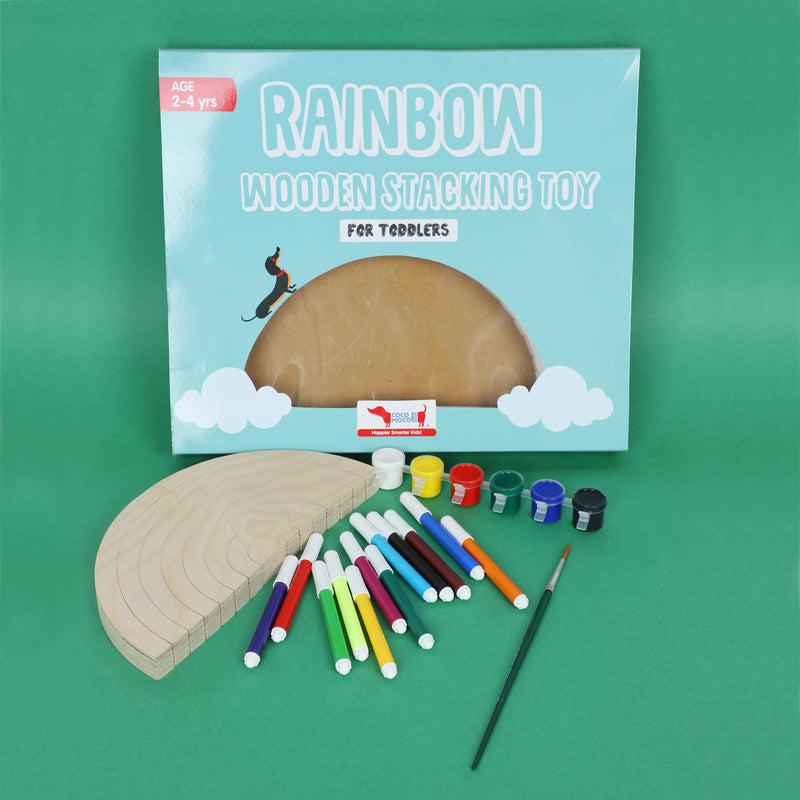 CocoMoco Rainbow Stacker Wooden Toys - Educational Rainbow Toys for Kids, Babies and Toddlers Includes Wooden Blocks, Paint and Brush