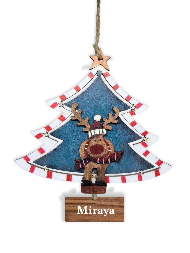 WOODEN CHRISTMAS TREE  WITH REINDEER ORNAMENT - GREEN (Personalization Available )