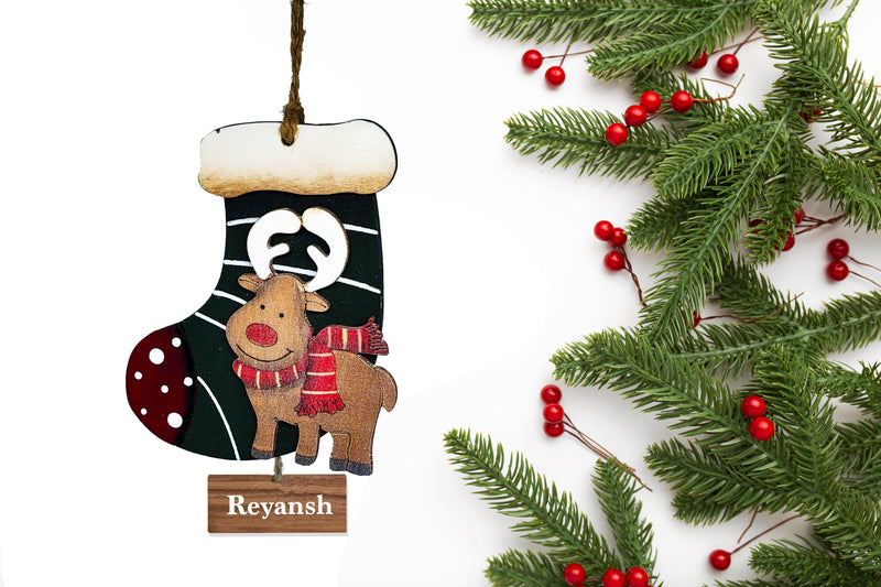 WOODEN REINDEER STOCKING ORNAMENT (Personalization Available)