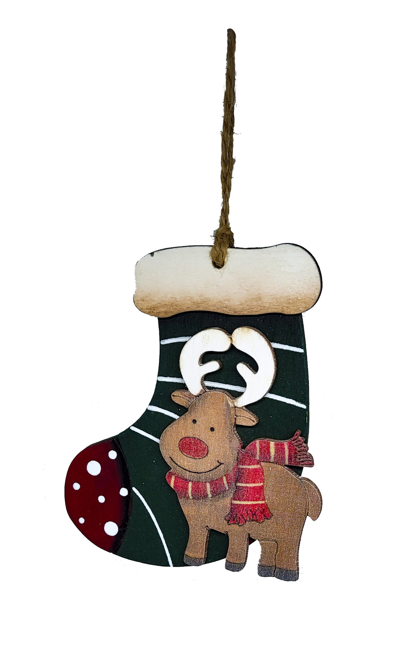 WOODEN REINDEER STOCKING ORNAMENT