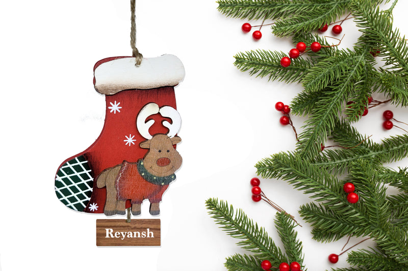 WOODEN REINDEER STOCKING ORNAMENT (Personalization Available)