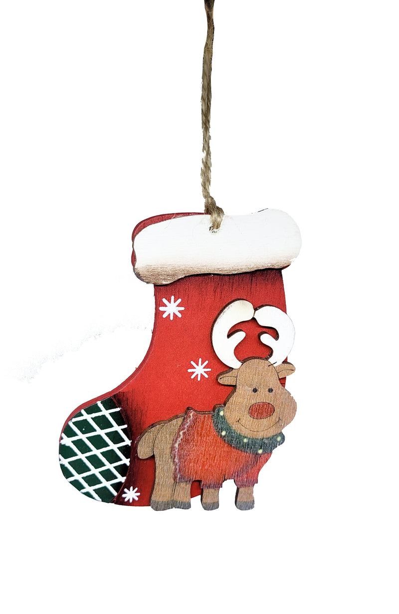 WOODEN REINDEER STOCKING ORNAMENT
