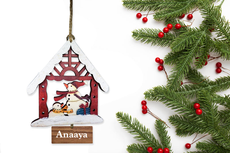 WOODEN SNOWMAN HOUSE ORNAMENT - RED