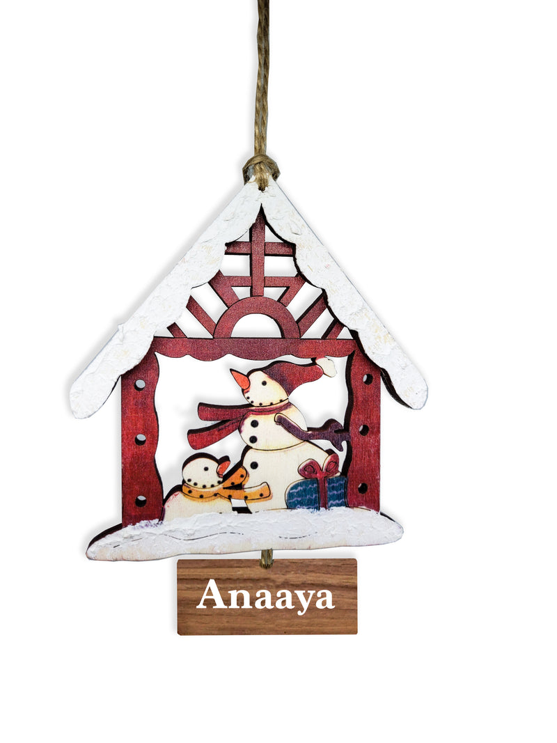 WOODEN SNOWMAN HOUSE ORNAMENT - RED