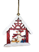 WOODEN SNOWMAN HOUSE ORNAMENT - RED