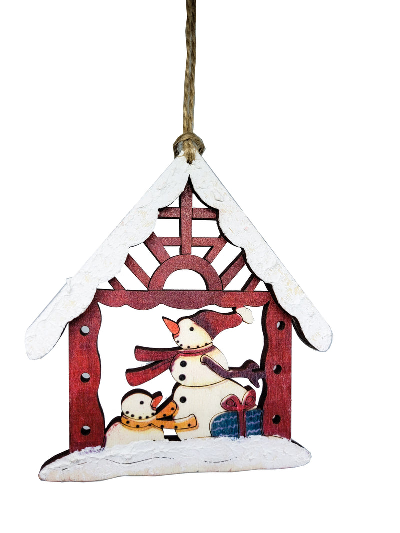 WOODEN SNOWMAN HOUSE ORNAMENT - RED
