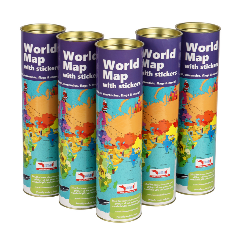 Combo Pack for Return Gifts - 5 Pieces of World Map Activity Kit with Reusable Stickers of flags, currencies & more