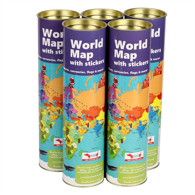 Combo Pack for Return Gifts - 5 Pieces of World Map Activity Kit with Reusable Stickers of flags, currencies & more