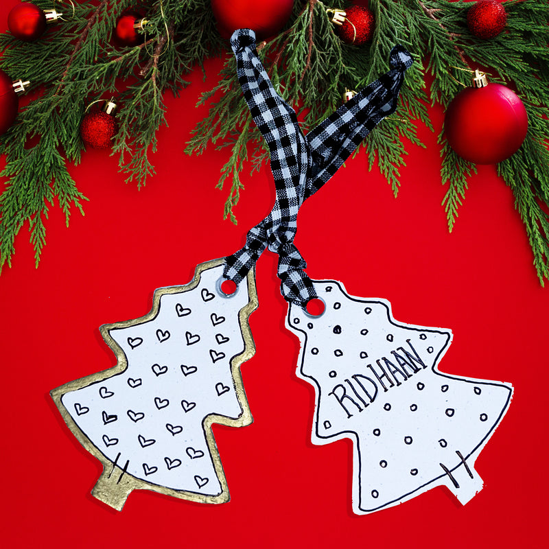 XMAS TREE ORNAMENT -  RECYCLED PAPER CLAY - (PACK OF 2) (Personalization Available )