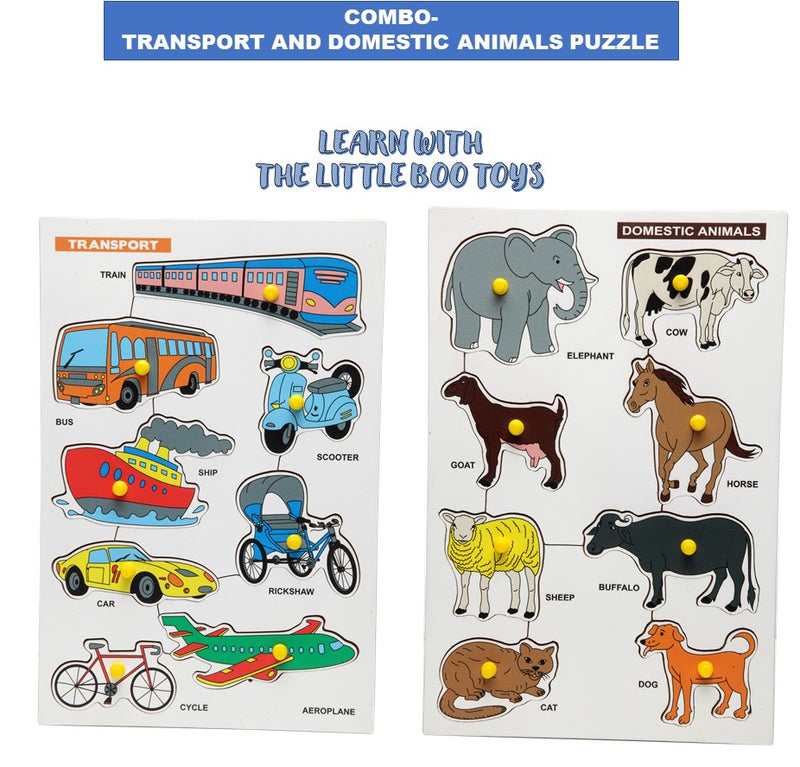 The Little boo Wooden Picture Educational Board for Kids, Transport-Puzzle & Domestic Animal Puzzle  (Combo of 2)