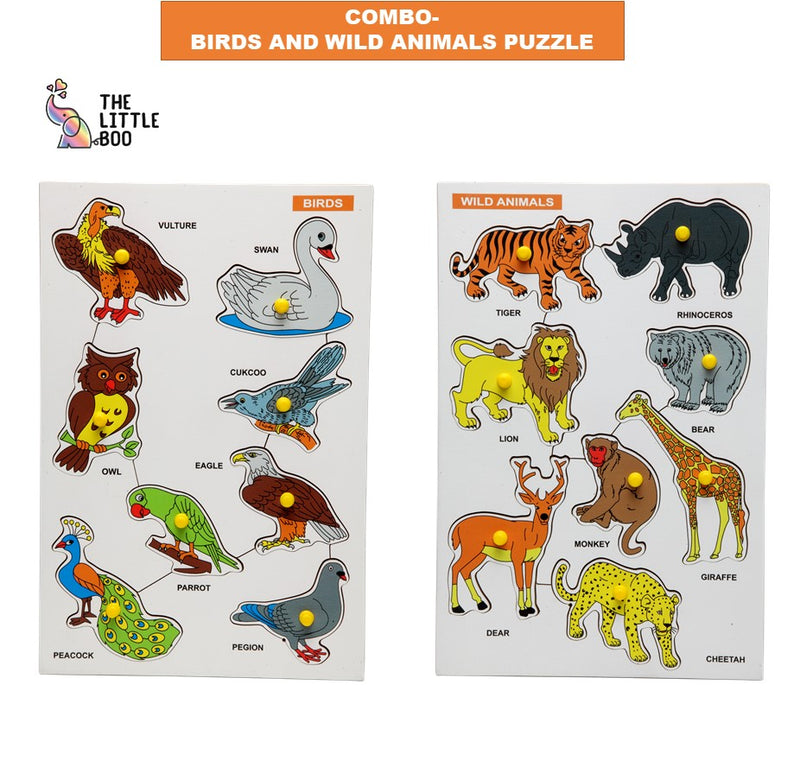 The Little boo Wooden Wild Animals-Puzzle, Birds-Puzzle for Kids (Combo of 2)