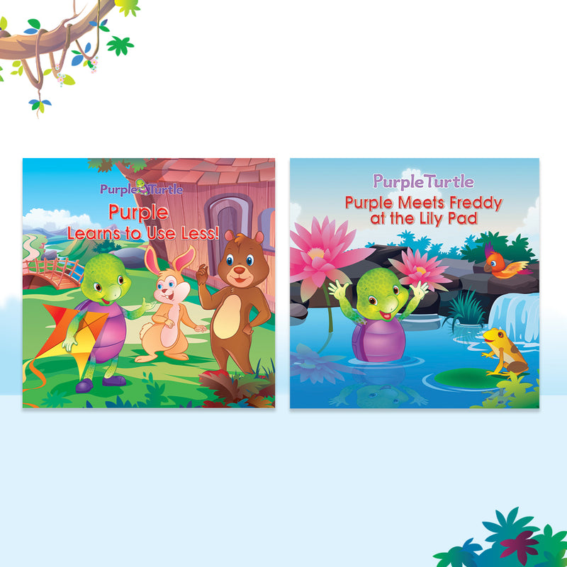 Story Books for Kids (Set of 2 Books) Learn to Use Less, Purple Meets Freddy at the Lily Pad