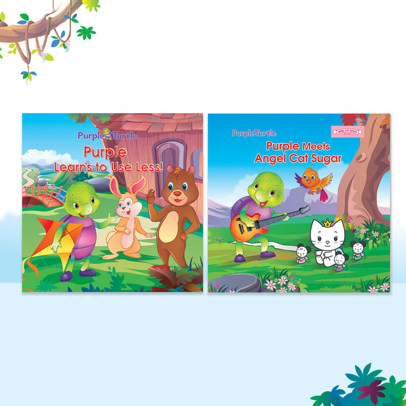 Story Books for Kids (Set of 2 Books) Learn to Use Less, Purple Turtle Meets Angel Cat Sugar
