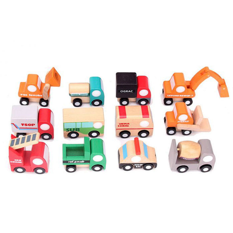 Playbox Little wagon wooden Toy cars mini construction vehicles set, 12 Toy Cars Bulk Playset