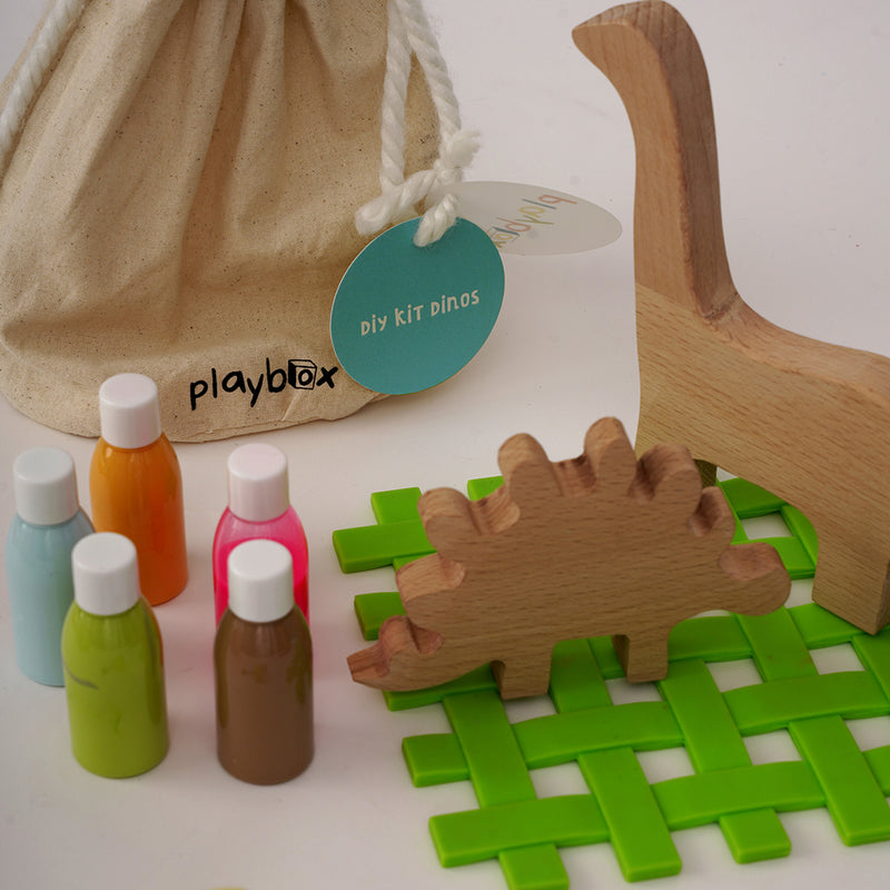 Playbox DIY Kit-Dino Set of 2- 2 Wooden Dinosaurs, 5 Color Bottles, 1 Paint Brush, 3 Sponge Brush with different size