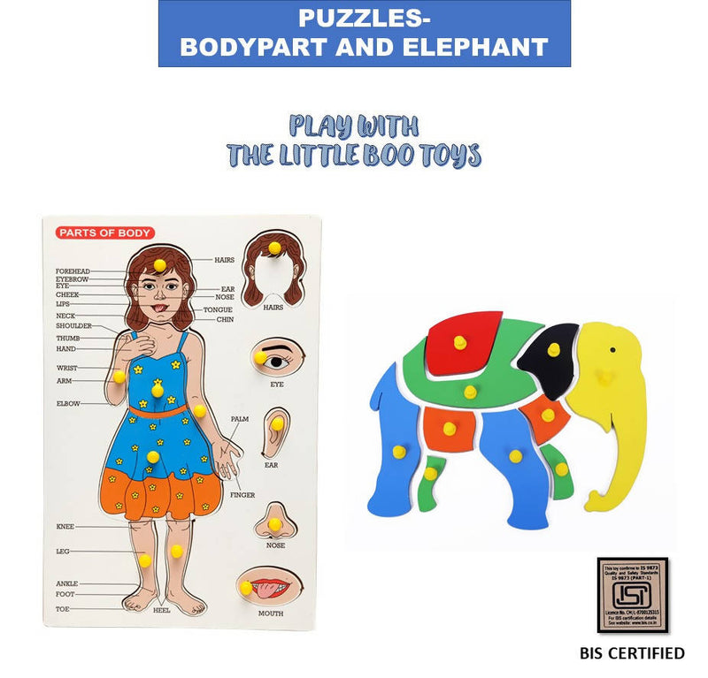 The Little boo Wooden Picture Educational Board for Kids, BODYPART-Puzzle & Elephant-Puzzle  (Combo of 2)