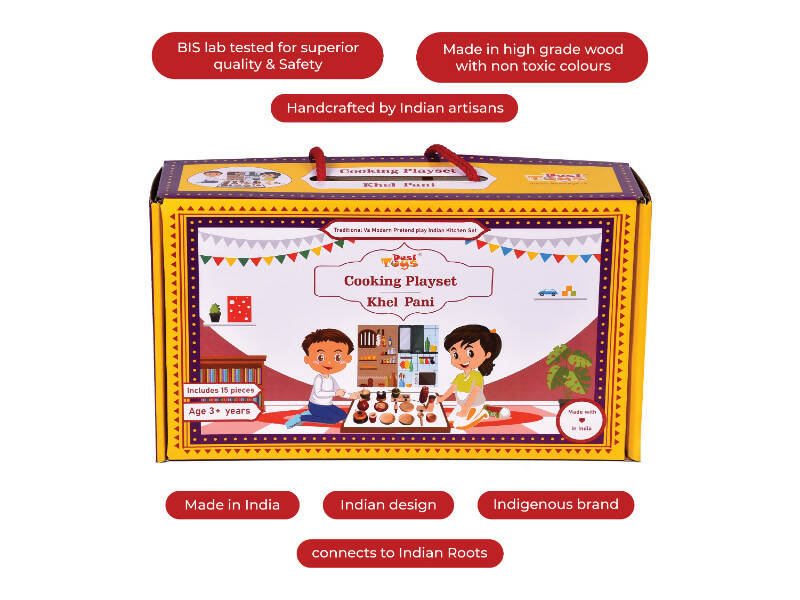 Desi Toys Khel Pani / Wooden Cooking Set / Kitchen Set for Kids , 15 Pieces Toy set