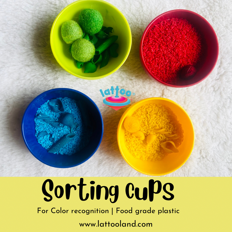 Green,Red,Yellow & Blue coloured food grade plastic sorting cups (4 no's), with coloured rice & pasta for children